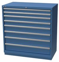 LISTA Modular Drawer Cabinet: 40 1/4 in x 22 1/2 in x 41 3/4 in, 8 Drawers, 144 Compartments, Steel (MPN HS09-0807A-FTKABB). Key specifications — Drawer Inside Height: (2) 2 in; Drawer Access: Single; Base Type: Frame; Number of Compartments per Drawer: (2) 21; Brand: LISTA; Cabinet Color: Bright Blue.