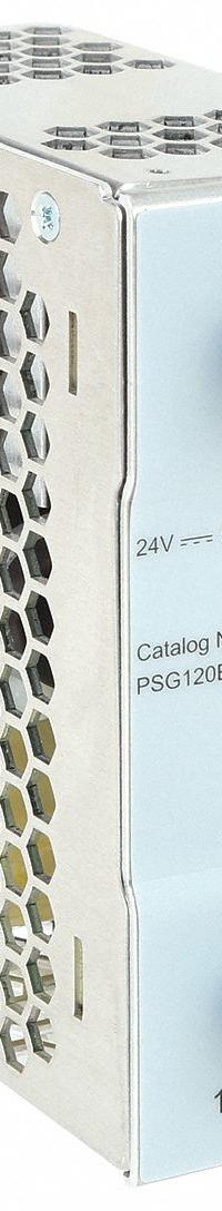 EATON DC Power Supply: DIN Rail, 120 W Output Power - Rated, 5 A Current - Output, Single Phase (MPN PSG120E24RM). Key specifications — attr1044898: Single; attr1044874: Metal; attr1044879: 100 to 240V AC; attr211400: EATON.