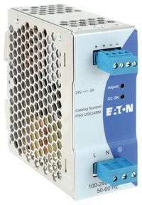 EATON DC Power Supply: DIN Rail, 120 W Output Power - Rated, 5 A Current - Output, Single Phase (MPN PSG120E24RM). Key specifications — attr1044898: Single; attr1044874: Metal; attr1044879: 100 to 240V AC; attr211400: EATON.