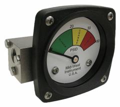 MIDWEST INSTRUMENT 3-Color Differential Pressure Indicator: 1,000 psig Max. Static Pressure, 522 (MPN 522S-050V). Key specifications — Brand: MIDWEST INSTRUMENT; Accuracy: ±5% of Full Scale; Sensor Material: Viton; Housing Material: Stainless Steel; Transition Points: 0 psid to 20 psid (Green) / 20 psid to 30 psid (Yellow) / 30 psid to 50 psid (Red).