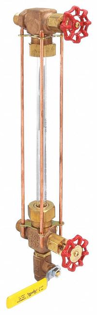 APOLLO Water Gauge: Bronze, 5/8 in Gauge Glass Dia, 12 in Gauge Glass Lg, 14 in Center to Center Lg (MPN 2435000). Key specifications — Valve Type: Ball Check; Brand: APOLLO; Stem Packing Material: PTFE with ARAMID; Gasket Material: PTFE with Hypalon.