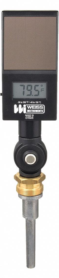 WEISS Digital Solar-Powered Thermometer: 3.5 in Stem Lg, -50°F to 300°F /-40°C to 150°C, NPT (MPN DVU35). Key specifications — Thread Type: NPT; Brand: WEISS; Accuracy: ±1 % or ±1 °F, Whichever is Greater.
