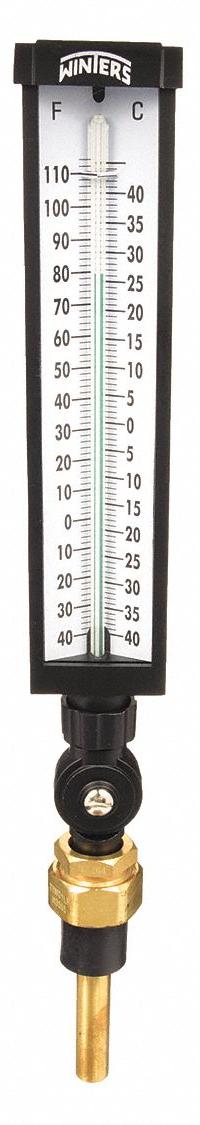 WINTERS Industrial Glass Thermometer: -40°F to 110°F /-40°C to 40°C, +/-1% Accuracy, 3.5 in Stem Lg (MPN TIM101ALF.). Key specifications — Thermometer Thread Type: UNF; Accuracy: +/-1%; Brand: WINTERS.