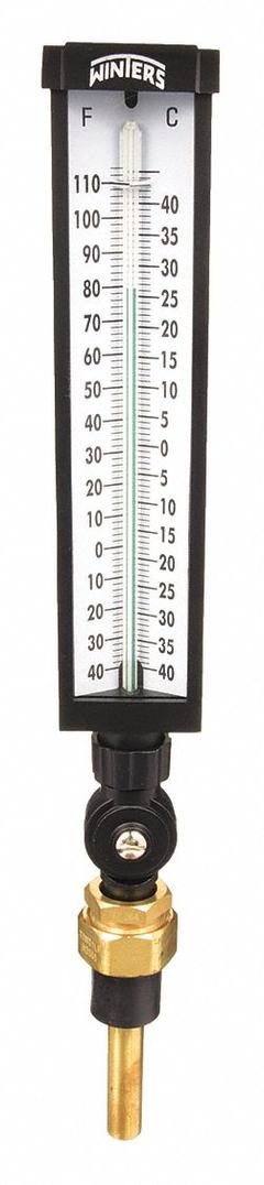 WINTERS Industrial Glass Thermometer: -40°F to 110°F /-40°C to 40°C, +/-1% Accuracy, 3.5 in Stem Lg (MPN TIM101ALF.). Key specifications — Thermometer Thread Type: UNF; Accuracy: +/-1%; Brand: WINTERS.