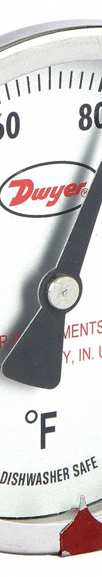 DWYER Clip On Dial Thermometer: 0°F to 140°F, +/- 2% Accuracy, 5 in Stem Lg, Fahrenheit (MPN CBT250111). Key specifications — Accuracy: +/- 2%; Brand: DWYER; Temperature Units: Fahrenheit.