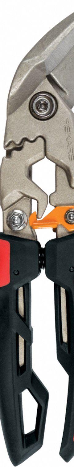 FISKARS Aviation Snips: Left, 9 1/2 in Overall Lg, 1 1/2 in Cutting Lg, Steel, SoftGrip, Steel (MPN 710640-1002). Key specifications — attr308531: SoftGrip; attr308530: Steel; attr308532: Steel; attr308533: Yes; attr308535: Metal; attr308541: 18 ga (Cold Rolled Steel); attr308546: Left; attr324897: FISKARS.