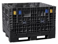 BUCKHORN Collapsible Bulk Container: 19.1 cu ft, 48 in x 45 in x 25 in, Lid Not Included, Black (MPN BN4845252010000). Key specifications — Brand: BUCKHORN; Stackable: Stacking Capable; Shape: Rectangular; Fork Entry: 4-Way Entry; Container Wall Type: Solid; Mobility: Stationary; Collapsible: Collapsible; Fork Pockets: Fork Pockets Included.
