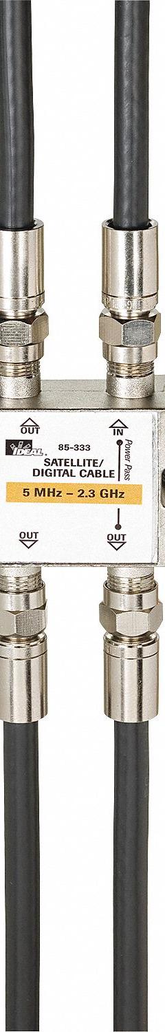 POWER FIRST Cable Splitter: (1) F-Type Female x (3) F-Type Female Splitter, Max. 2,300 MHz, Silver (MPN 4LWZ2). Key specifications — Product Type: Audio/Video Splitter; Manufacturer Part Number: 4LWZ2; Color: Silver; Brand: POWER FIRST; End 1 Connection Type: F-Type Female; End 2 Connection Type: F-Type Female.