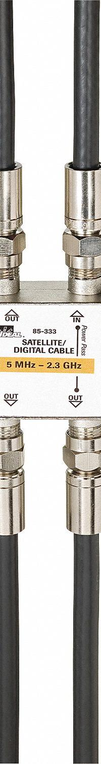 POWER FIRST Cable Splitter: (1) F-Type Female x (3) F-Type Female Splitter, Max. 2,300 MHz, Silver (MPN 4LWZ2). Key specifications — Product Type: Audio/Video Splitter; Manufacturer Part Number: 4LWZ2; Color: Silver; Brand: POWER FIRST; End 1 Connection Type: F-Type Female; End 2 Connection Type: F-Type Female.