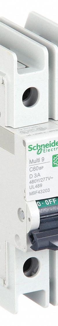 SCHNEIDER ELECTRIC IEC Miniature Circuit Breaker: 3 A Amps, 14kA at 120/240V AC, Screw Clamp, C60BP (MPN M9F43203). Key specifications — attr195863: Not Rated; attr211132: SCHNEIDER; attr195864: 14kA at 120/240V AC; attr195865: Screw Clamp; attr195867: 240/277/480V AC.