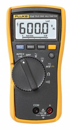 FLUKE Digital Multimeter: TRMS, CAT III 600V, 600 V Max AC Volt Measurement, 6,000 Instrument Counts (MPN FLUKE-114/CWG). Key specifications — Instrument Counts: 6,000; Brand: FLUKE; Calibration Certificate Included: Included.
