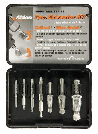 ALDEN Screw Extractor Set: 7 Pc, Double End Extractor Bit/Single End Extractor Bit - Single- & Double-Ended Extractor/Drill Bit Sets