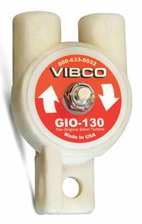 VIBCO Pneumatic Vibrator: 75 lbf, 10,500 vpm, 1/4 in NPT, GIO, 67 dBA, 4.5 cfm @ 60 psi, Continuous (MPN GIO-130). Key specifications — attr671163: 67 dBA; attr671170: 45 lbf @ 60 psi; attr671165: 10,500 vpm @ 80 psi; attr671184: 1/4 in; attr671185: NPT; attr671192: NPT; attr671193: 1/4 in; attr671179: Glass Filled Nylon.
