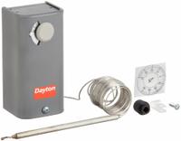 DAYTON Line Volt Mechanical Tstat: -30° to 90°F, Steel, Adj, 3° to 12°F, 120V/240V/277V AC Volt (MPN 6EDY7). Key specifications — Switch Type/Action: SPDT, Open/Close on Rise; Temperature Control Range: -30° to 90°F; Temperature Differential: 3° to 12°F; Voltage: 120V/240V/277V AC; Capillary Length/Bulb Diameter: 8 ft Capillary, 5 in x 1/4 in Bulb; Brand: DAYTON; Differential Type: Adjustable; Enclosure Material: Steel.