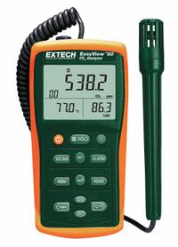 EXTECH Indoor Air Quality Analyzer: Built in Sensors/Custom Alerts/Data Logging, Carbon Dioxide, LCD (MPN EA80). Key specifications — Manufacturer Part Number: EA80; Brand: EXTECH; Digital Display Screen Type: LCD; Features: Maintenance Free Dual Wavelength NDIR (Non-Dispersive Infrared) CO2 Sensor; Includes: RS-232 Interface Cable; PPM Accuracy: ±3% of Reading or ±50ppm (Whichever is Greater); Power Source: Battery; Relative Humidity Accuracy: ±3% @ 77°F from 30 to 95% RH.