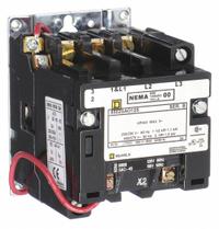 SQUARE D NEMA Magnetic Contactor: Non-Reversing, 3 Poles, NEMA Size 00, 9 A, 120V AC (MPN 8502SAO12V02S). Key specifications — Brand: SQUARE D.