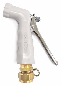 SANI-LAV Spray Nozzle: 3/4 in Connection Size, GHT, Stainless Steel/Zinc, 5 1/2 in Overall Lg, White (MPN N2SW17). Key specifications — Nozzle Color: White; Material: Stainless Steel; Nozzle Shutoff Type: Handle Controls; Brand: SANI-LAV.