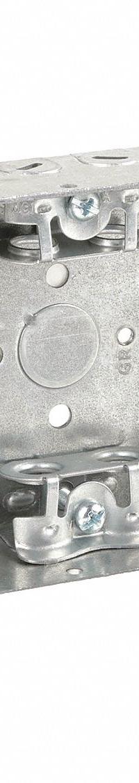 RACO Electrical Box: Steel, Steel - 4" x 4" Square Box Material & Nominal Size, Square, 2 Gangs, FS (MPN 218). Key specifications — Brand: RACO; Bracket Style: Stud Side, Raised w/Spurs; Clamp Style: AC.