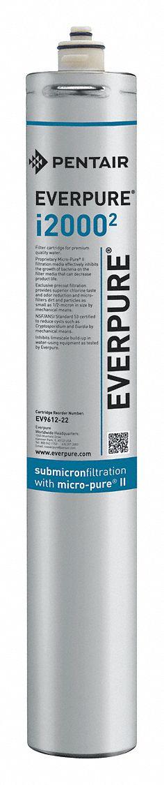 PENTAIR/EVERPURE Quick-Connect Water Filter: 0.5 micron, 1.7 gpm, 20 3/4 in Overall Ht (MPN EV961222-75). Key specifications — Filter Media: Agion; Brand: PENTAIR/EVERPURE; Reduces: Bacteria.