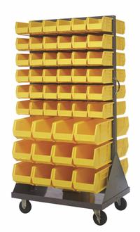 QUANTUM STORAGE SYSTEMS Mobile Louvered Floor Rack: 36 in x 24 in x 72 in, 96 Bins Included, Yellow (MPN QMD-36H-230240YL). Key specifications — Bin Width: (72) 5-1/2 in; Color: Gray; Caster Wheel/Configuration: (2) Rigid; Caster Wheel/Tread Material: Hard Rubber; Bin Color: Yellow; Bin Depth: (24) 14-3/4 in; Bin Height: (24) 7 in; Brand: QUANTUM STORAGE SYSTEMS.