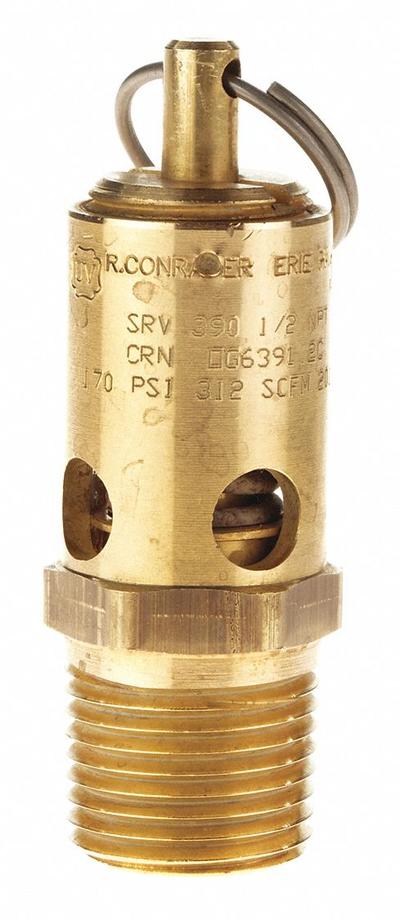 CONRADER Safety Valve: Soft Seat, 1/2 in (M)NPT Inlet (In.), 5/16 in (F)NPT Outlet (In.) - Soft Seat Pneumatic Safety Valves
