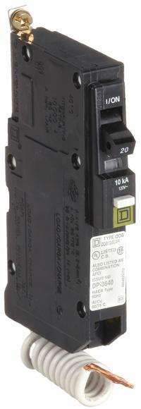 SQUARE D Miniature Circuit Breaker: 20 A, 120/240V AC, Single Phase, 10kA at 120/240V AC, 1 Poles (MPN QOB120CAFI). Key specifications — Phase: Single; Amps: 20 A; AC Voltage Rating: 120/240V AC; Max. AIR Rating: 10kA at 120/240V AC; For Use With: QO Load Centers and NQ Panelboards; Brand: SQUARE D.