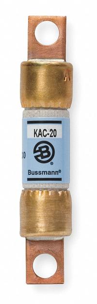 Semiconductor Fuse: KAC Series, Fast-Acting, 20 A, 600 V AC, Non-Indicating (MPN KAC-20). Key specifications — Series: KAC; Brand: BUSSMANN; Voltage Type: AC Only.