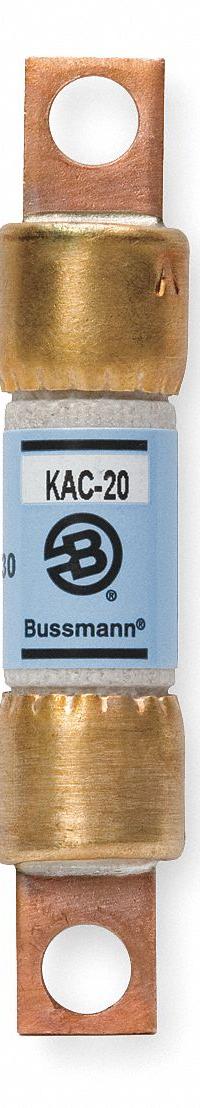 Semiconductor Fuse: KAC Series, Fast-Acting, 20 A, 600 V AC, Non-Indicating (MPN KAC-20). Key specifications — Series: KAC; Brand: BUSSMANN; Voltage Type: AC Only.