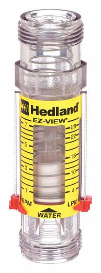 HEDLAND Mechanical Flowmeter: Flow Meter, Scale, Variable Area, Inline, Universal, Gallons/Liters (MPN H624-007). Key specifications — Display Type: Scale; O-Ring Material: Buna-N; Includes Flow Rate Adjustment Knob: No; Includes Pressure Guage: No; Mounting Orientation: Universal; Unit Of Measure: Gallons; Brand: HEDLAND; Accuracy: +/-5%.