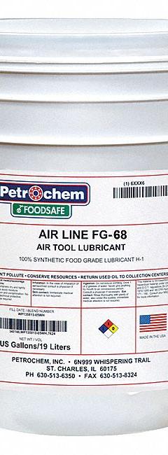 PETROCHEM Air Tool Oil: Synthetic, -63°F Min. Op Temp., 485°F Max. Op Temp., NSF H1, Food Grade (MPN FOODSAFE AIRLINE TOOL FG-68-005). Key specifications — attr1321222: Synthetic; attr1321226: 20W; attr1321227: 134; attr1321244: PETROCHEM; attr1321245: Pail.
