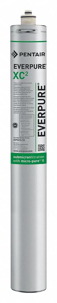 PENTAIR/EVERPURE Quick-Connect Water Filter: 0.5 micron, 1.7 gpm, 12,000 gal, 25 in Overall Ht (MPN EV961310-75). Key specifications — Filter Media: Carbon; Reduces: Chlorine Odor; Brand: PENTAIR/EVERPURE.