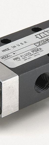 ARO Manual Air Control Valve: E, Three-Way / Two-Position, Button, Black, 26 scfm Flow Rate - Max (MPN E252HM). Key specifications — attr1092903: Black; attr1086905: Manual Return; attr1086907: E; attr1086914: Normally Closed; attr1086904: Manual Air Control Valve; attr1086871: E252HM.