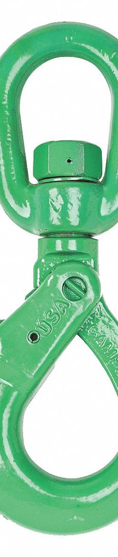 CAMPBELL Self-Locking Hook: 15,000 lb Working Load Limit, 100 Hook Grade, Alloy Steel, Swivel, Green (MPN 5798895). Key specifications — Color: Green; Brand: CAMPBELL; Visual Indicator Markings: None.