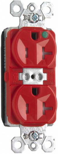 PASS & SEYMOUR Receptacle: Hospital Grade, Duplex, 5-20R, Red, 125V AC, 20 A, 2 Pole / 3 Wire (MPN PTTR8300RED). Key specifications — attr1367147: PASS & SEYMOUR.