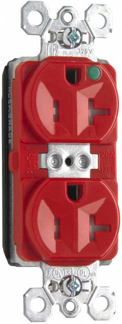 PASS & SEYMOUR Receptacle: Hospital Grade, Duplex, 5-20R, Red, 125V AC, 20 A, 2 Pole / 3 Wire (MPN PTTR8300RED). Key specifications — attr1367147: PASS & SEYMOUR.