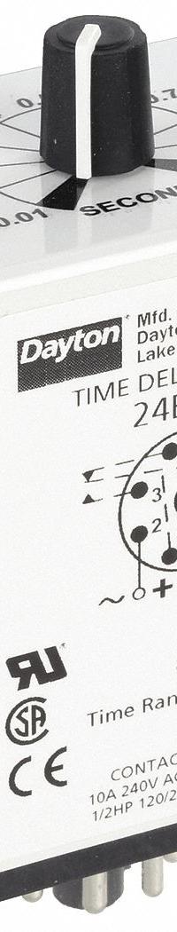 DAYTON Single Function Time Delay Relay: Socket Mounted, 12V DC, 10 A, 8 Pins/Terminals, On Delay (MPN 24EN98). Key specifications — Brand: DAYTON.