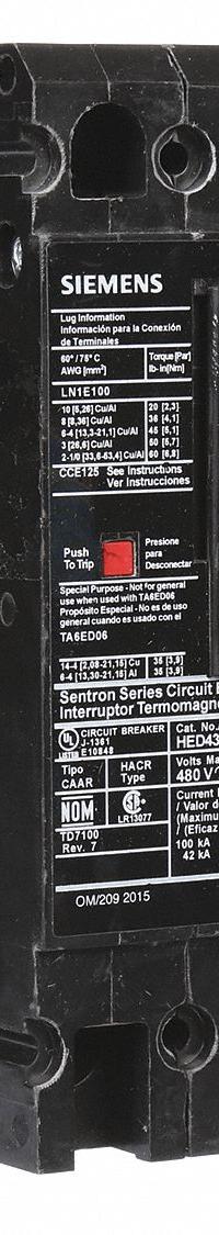 SIEMENS Molded Case Circuit Breaker: 70 A Amps, 42kA at 480V AC, Fixed, Load Side Lug, ABC, HED4 (MPN HED43B070). Key specifications — Phase Connection: ABC; Instantaneous Trip: Fixed; Terminal Connection: Load Side Lug; Series: HED4; Max. AIR Rating: 42kA at 480V AC.