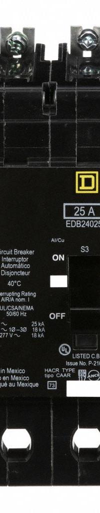 SQUARE D Miniature Circuit Breaker: 25 A, 277/480V AC, Single Phase, 18kA at 277/480V AC, 2 Poles (MPN EDB24025). Key specifications — Phase: Single; Amps: 25 A; AC Voltage Rating: 277/480V AC; Max. AIR Rating: 18kA at 277/480V AC; For Use With: Square D NF Panelboards; Brand: SQUARE D.