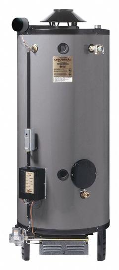 RHEEM-RUUD Commercial Gas Water Heater: Natural Gas, 100 gal, 270,000 BTU, 73.88 in Ht (MPN G100-270A). Key specifications — Display Sell UOM: EA; Market: Commercial; Standards: US CSA (Star); Brand: RHEEM-RUUD; Low NOx: No; Water Connection Location: Front; Fuel Type: Natural Gas; Included Valves: Temperature and Pressure Relief.