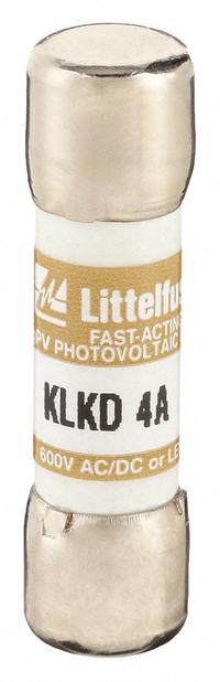 LITTELFUSE Fuse: KLKD Series, Midget, Fast-Acting, 4 A, 600 V AC, 600 V DC, 13/32 in x 1 1/2 in (MPN KLKD004). Key specifications — attr1287209: KLKD; attr211192: LITTELFUSE.