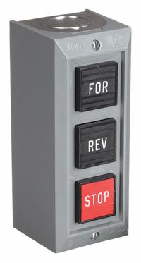 SQUARE D Control Station: (3) Push Buttons, 0 Pilot Lights, 2NO/3NC, Forward/Reverse/Stop (MPN 9001BG302). Key specifications — attr1022946: Forward/Reverse/Stop; attr1022956: Red; attr211290: SQUARE D; attr1042017: Indoor Use Only; attr1089900: (3) Push Buttons.
