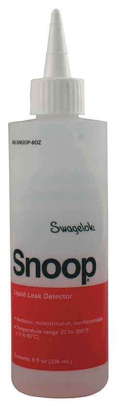 SWAGELOK Gas Leak Detector: 8 oz, 27°F to 200°F Temp. Range (MPN MS-SNOOP-8OZ). Key specifications — Brand: SWAGELOK.