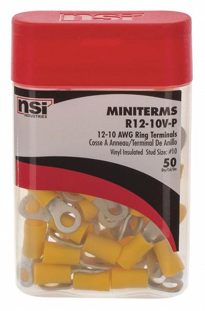 POLARIS Ring Terminal: Yellow, Vinyl Insulation, #10 Stud Size, 12 AWG to 10 AWG Wire Sizes - Insulated Ring Terminals