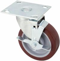 APPROVED VENDOR Plate Caster: Swivel, Side Brake, Polyurethane, 6 in Wheel Dia., 1 1/2 in Wheel Wd (MPN 02XA06128S001GN). Key specifications — attr1100274: APPROVED VENDOR; attr1100312: Red; attr1176041: Swivel with Brake.
