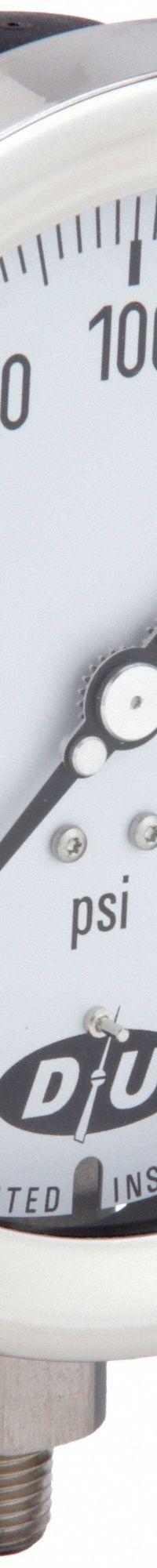 DURO Industrial Pressure Gauge: 0 psi to 200 psi, White, 4 1/2 in Dial, 1/4 in NPT Male, Bottom, 20 (MPN 4.2070713E7). Key specifications — Brand: DURO; Pointer Color: Black; Accuracy: ±0.5%; Dial Color: White; Gauge Wetted Parts: Stainless Steel; Case Material: Stainless Steel; Vibration Resistance Properties: None; Pressure Range: 0 psi to 200 psi.