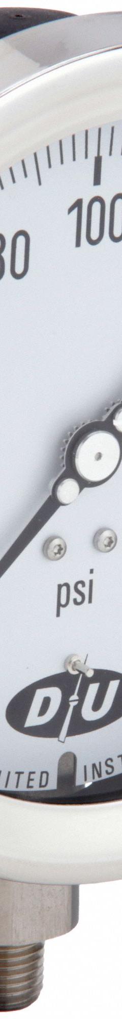 DURO Industrial Pressure Gauge: 0 psi to 200 psi, White, 4 1/2 in Dial, 1/4 in NPT Male, Bottom, 20 (MPN 4.2070713E7). Key specifications — Brand: DURO; Pointer Color: Black; Accuracy: ±0.5%; Dial Color: White; Gauge Wetted Parts: Stainless Steel; Case Material: Stainless Steel; Vibration Resistance Properties: None; Pressure Range: 0 psi to 200 psi.