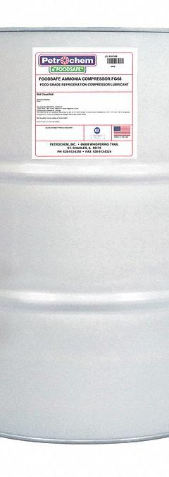 PETROCHEM Compressor Oil: 55 gal, Drum, 20 SAE Grade, 68 ISO Viscosity Grade, 198 Viscosity Index (MPN FS AMMONIA COMPRESSOR FG-68-055). Key specifications — attr59744: 198; attr59746: 68; attr59736: Yes; attr59735: Drum; attr59738: Ammonia Compressor FG-68; attr59749: 20.