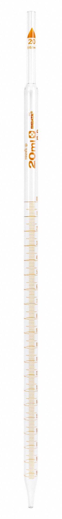 SIBATA Serological Pipette: 20 mL Capacity, 0.1 mL Graduation Increments, Non-Sterile, Glass (MPN 20140-20A). Key specifications — Sterility: Non-Sterile; Brand: SIBATA; Individually Wrapped: Not Individually Wrapped; Pipette Type: Graduated Wide Tip; Material: Glass; Product Type: Serological Pipette.