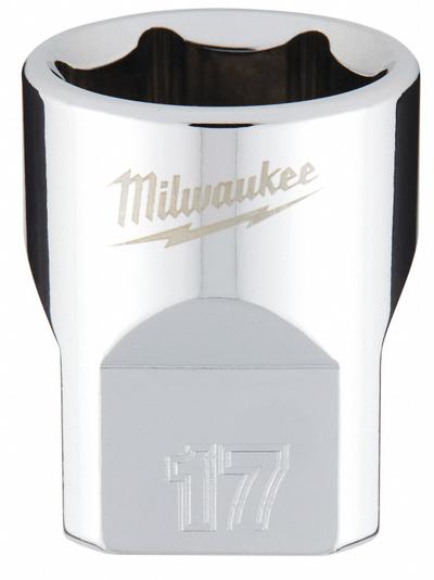 MILWAUKEE Standard Socket: Metric, 3/8 in Drive Size, 17 mm Socket Size, 6-Point - Anti-Roll Hand Sockets