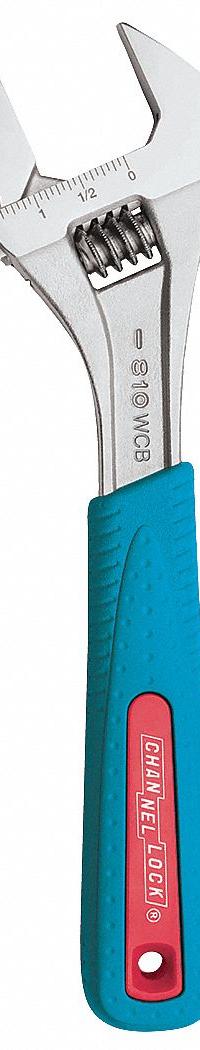 CHANNELLOCK Adjustable Wrench: Alloy Steel, Chrome, 10 in Overall Lg, 1 3/8 in Jaw Capacity (MPN 810WCB). Key specifications — attr309359: Chrome; attr324924: CHANNELLOCK; attr309358: Alloy Steel.